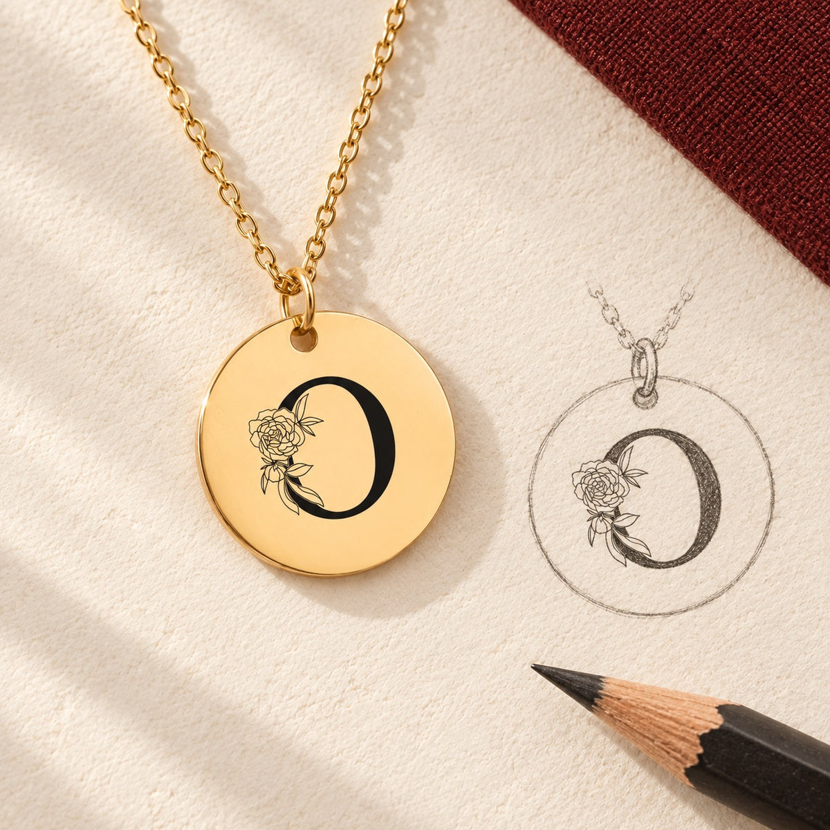 Collier initiale florale O personnalisé doré et étude au graphite du bijou sur papier ivoire.