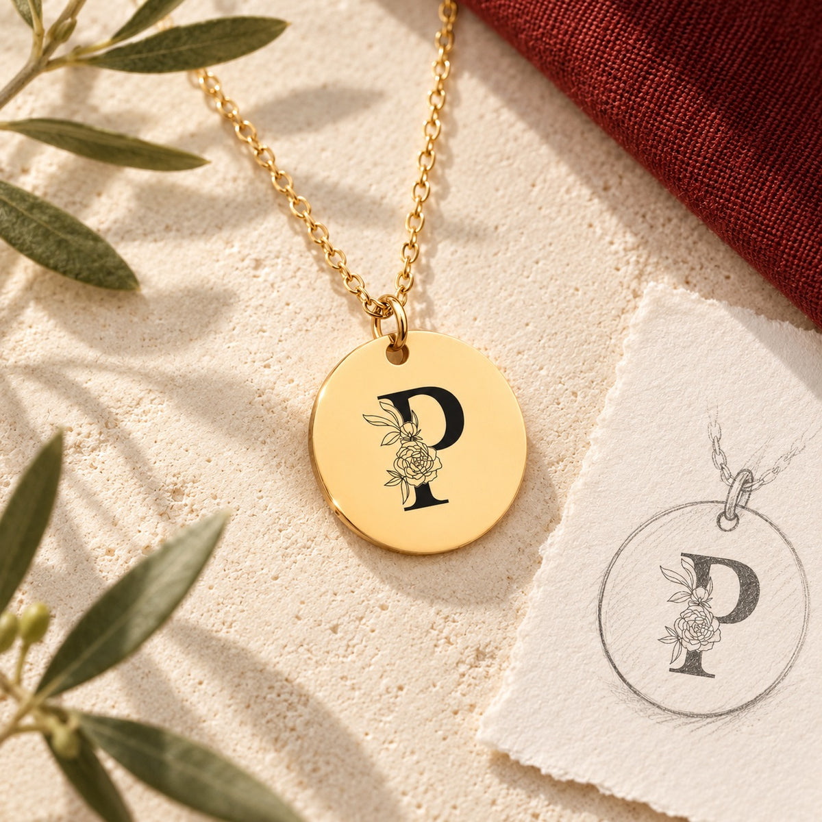 Collier initiale florale P personnalisé doré sur pierre claire avec dessin de sa médaille ronde.