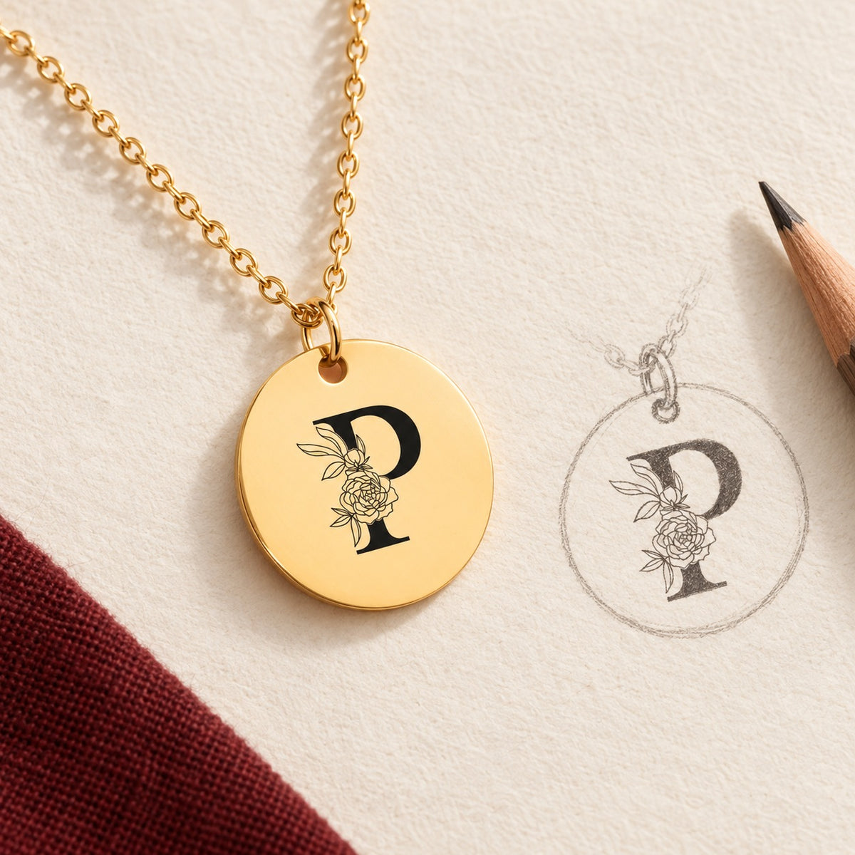 Collier initiale florale P personnalisé doré et étude au graphite du bijou sur papier ivoire.