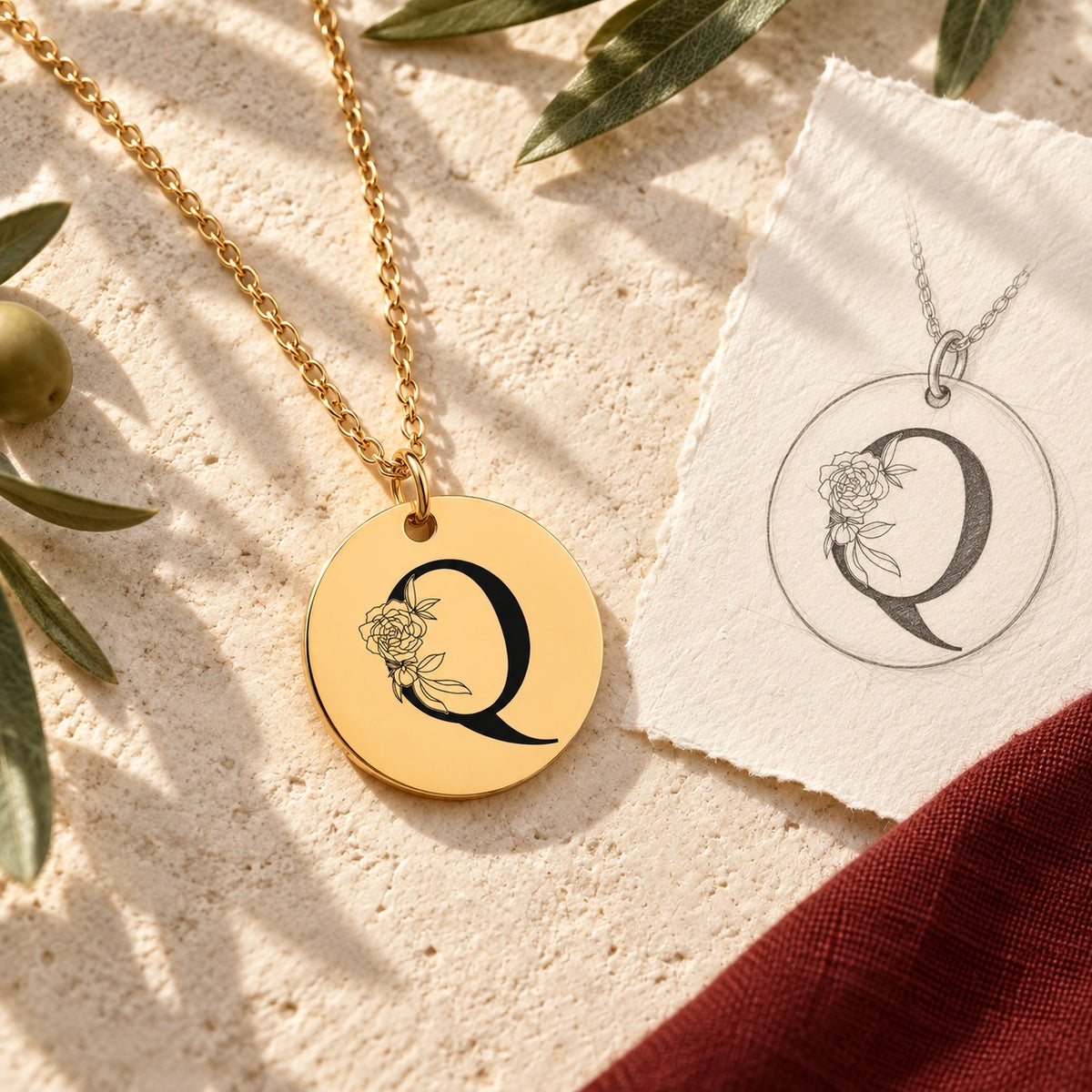 Collier initiale florale Q personnalisé doré sur pierre claire avec dessin de sa médaille ronde.