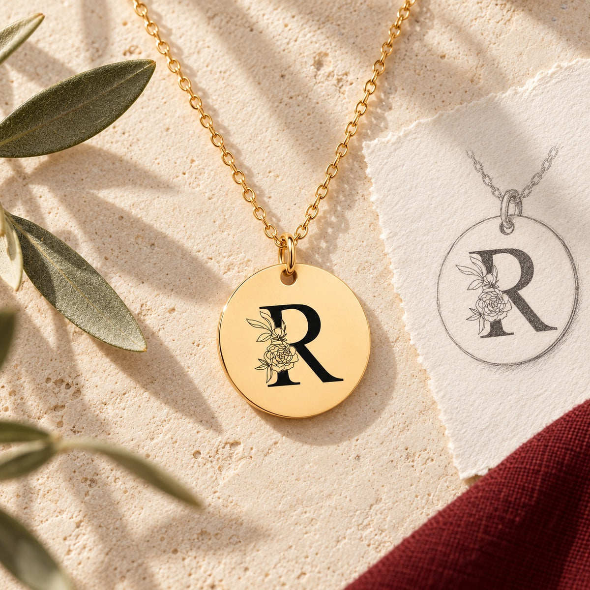 Collier initiale florale R personnalisé doré sur pierre claire avec dessin de sa médaille ronde.