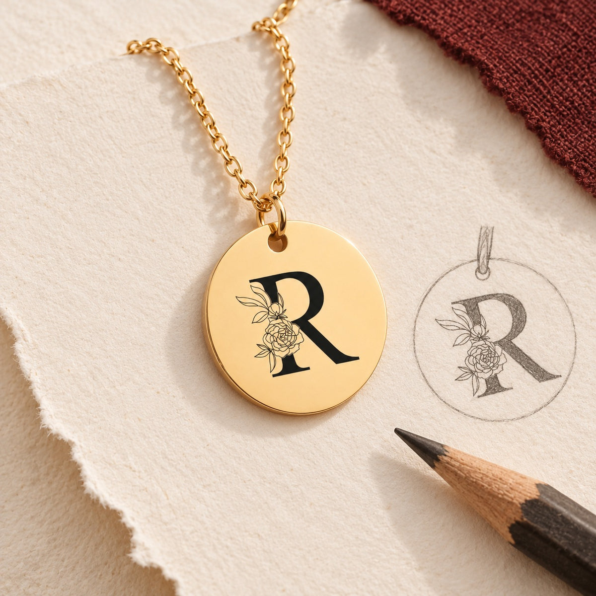 Collier initiale florale R personnalisé doré et étude au graphite du bijou sur papier ivoire.