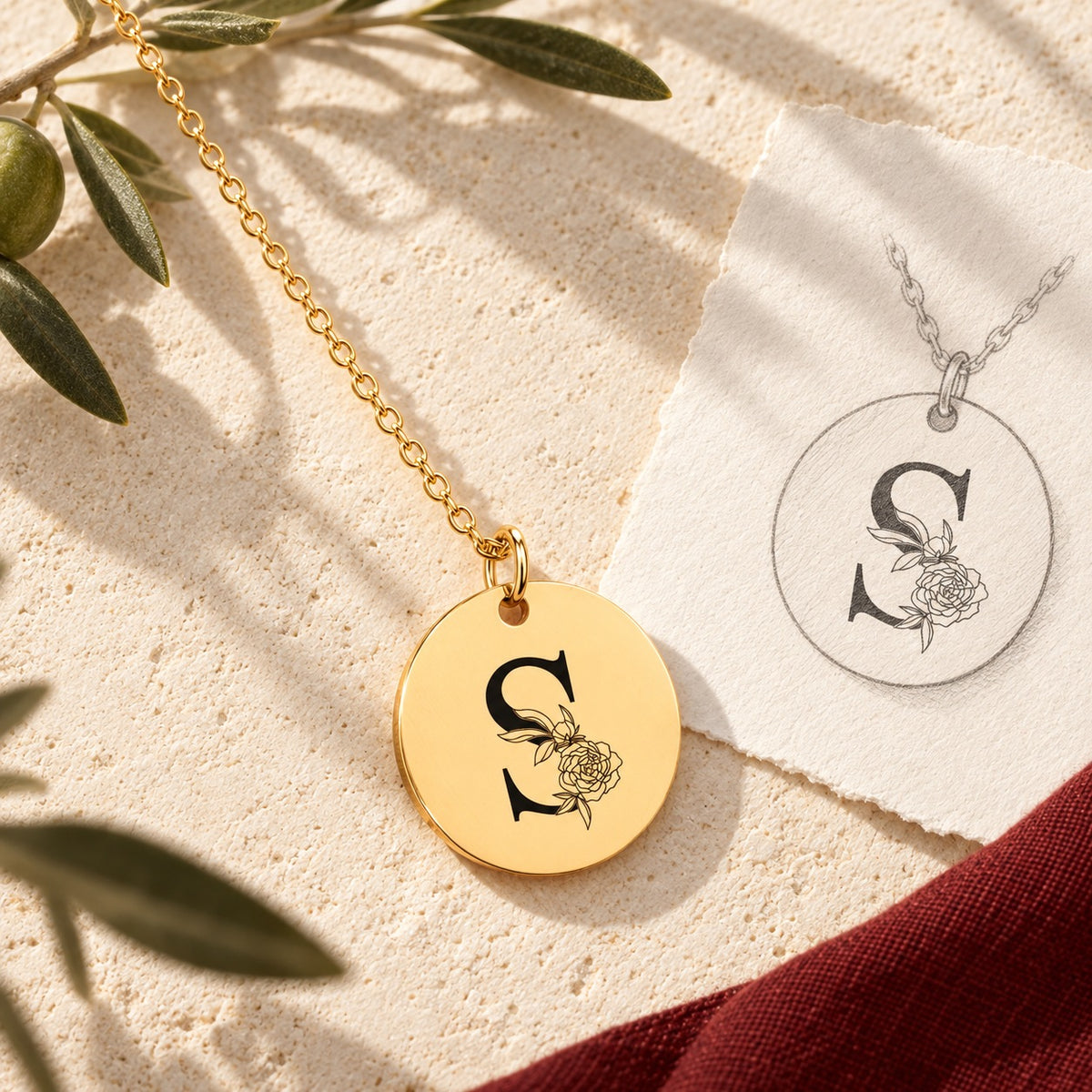 Collier initiale florale S personnalisé doré sur pierre claire avec dessin de sa médaille ronde.