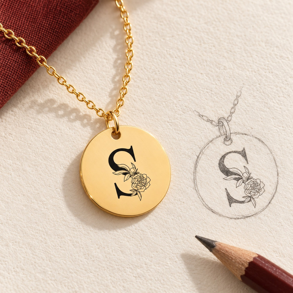 Collier initiale florale S personnalisé doré et étude au graphite du bijou sur papier ivoire.