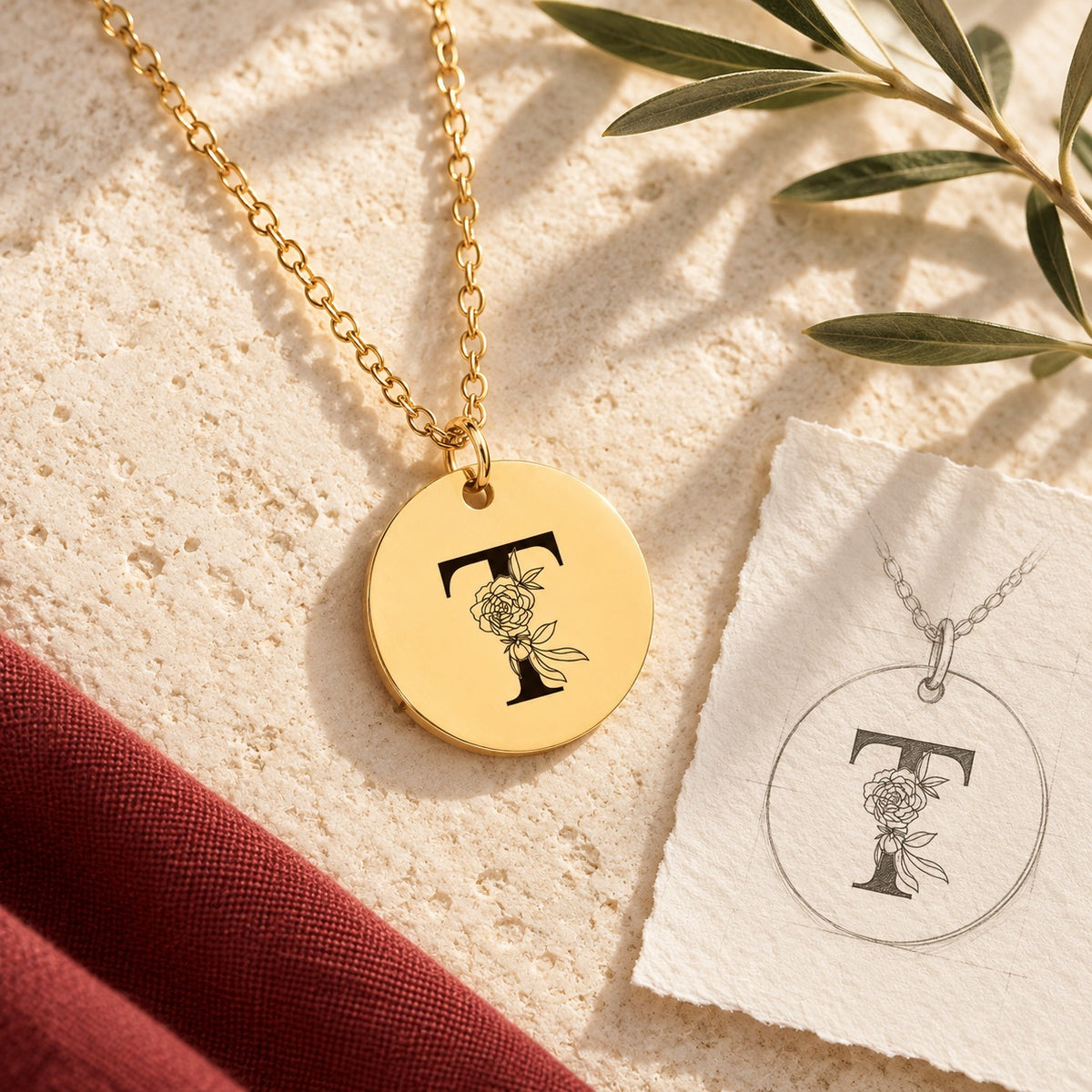 Collier initiale florale T personnalisé doré sur pierre claire avec dessin de sa médaille ronde.