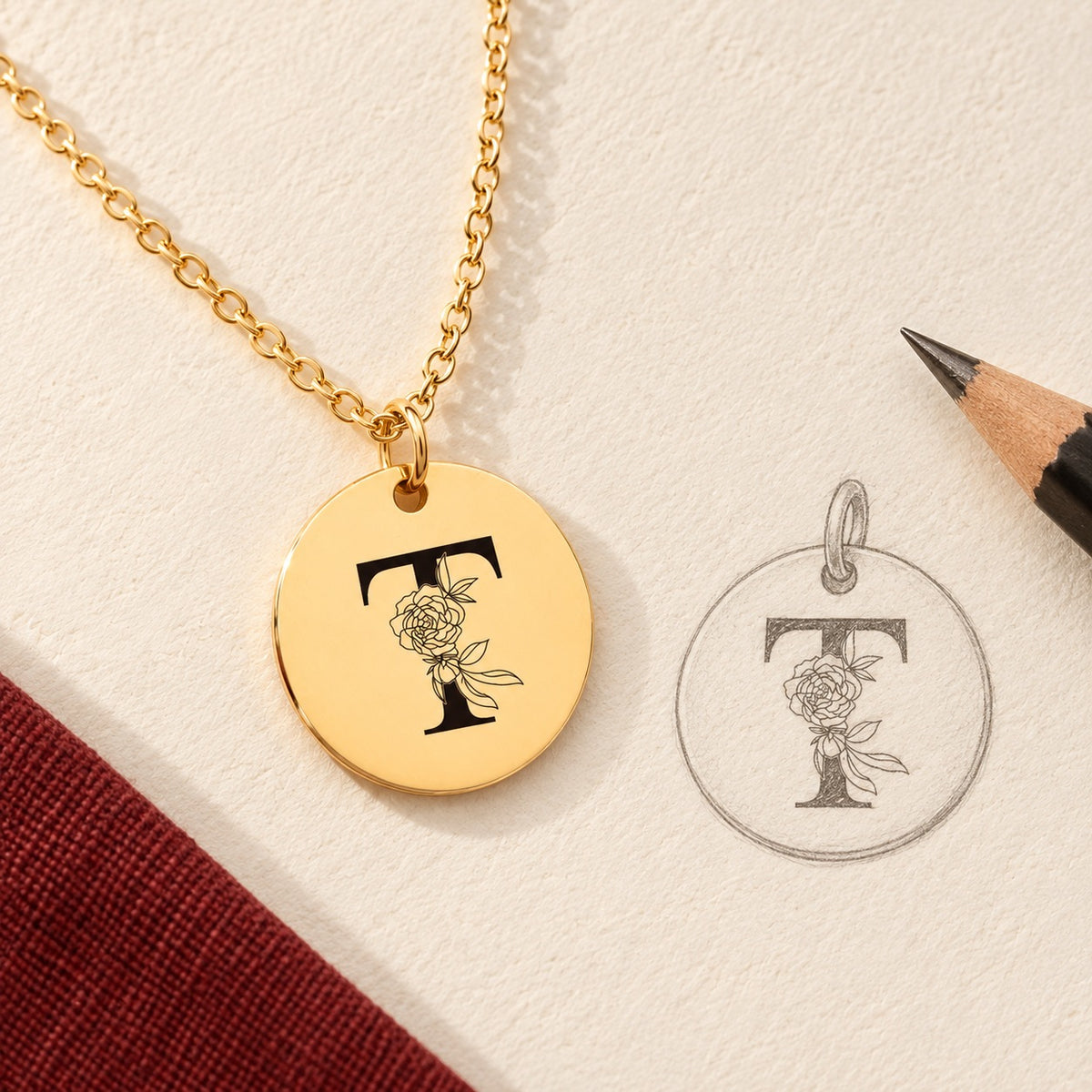 Collier initiale florale T personnalisé doré et étude au graphite du bijou sur papier ivoire.