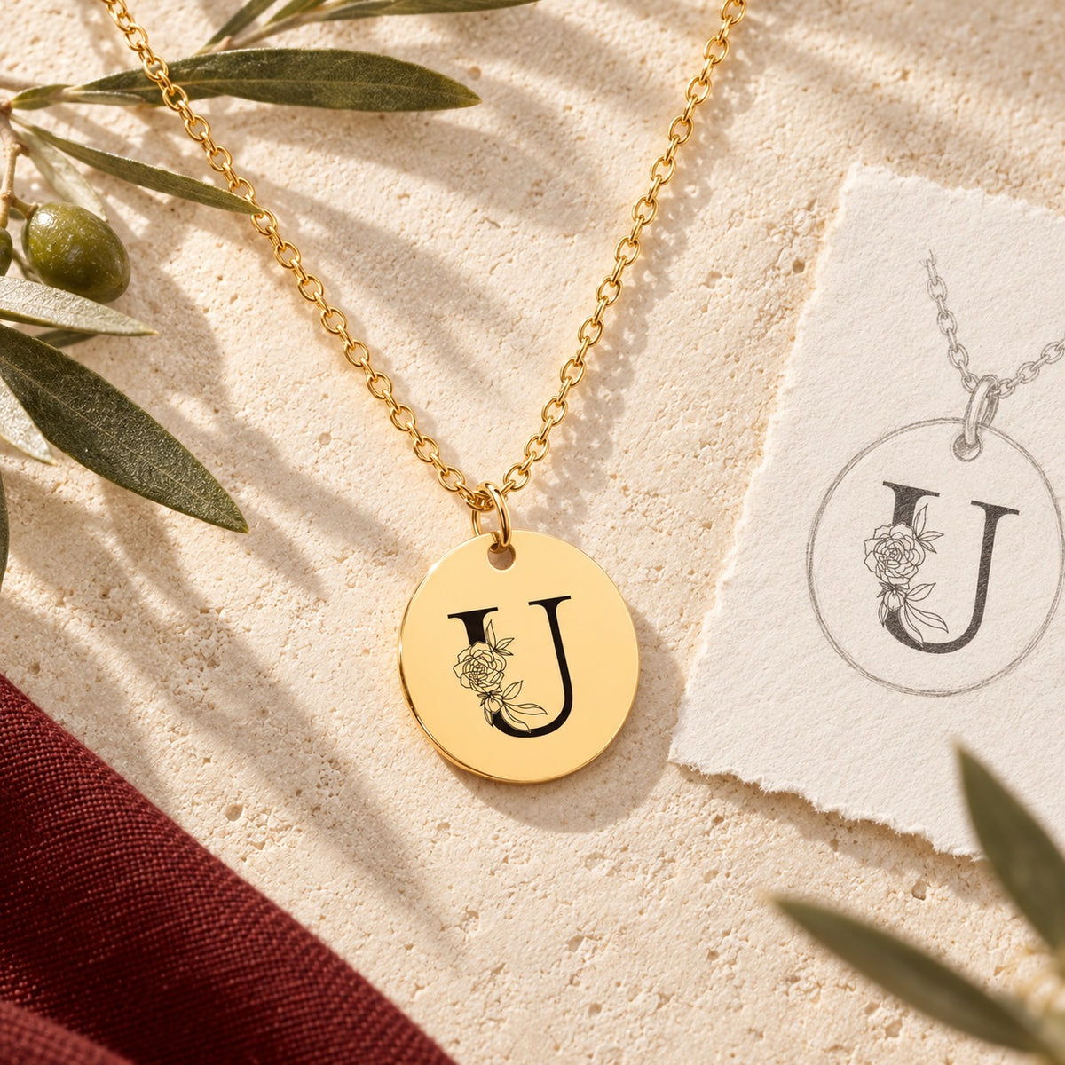 Collier initiale florale U personnalisé doré sur pierre claire avec dessin de sa médaille ronde.