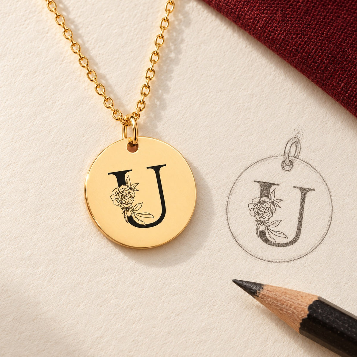 Collier initiale florale U personnalisé doré et étude au graphite du bijou sur papier ivoire.
