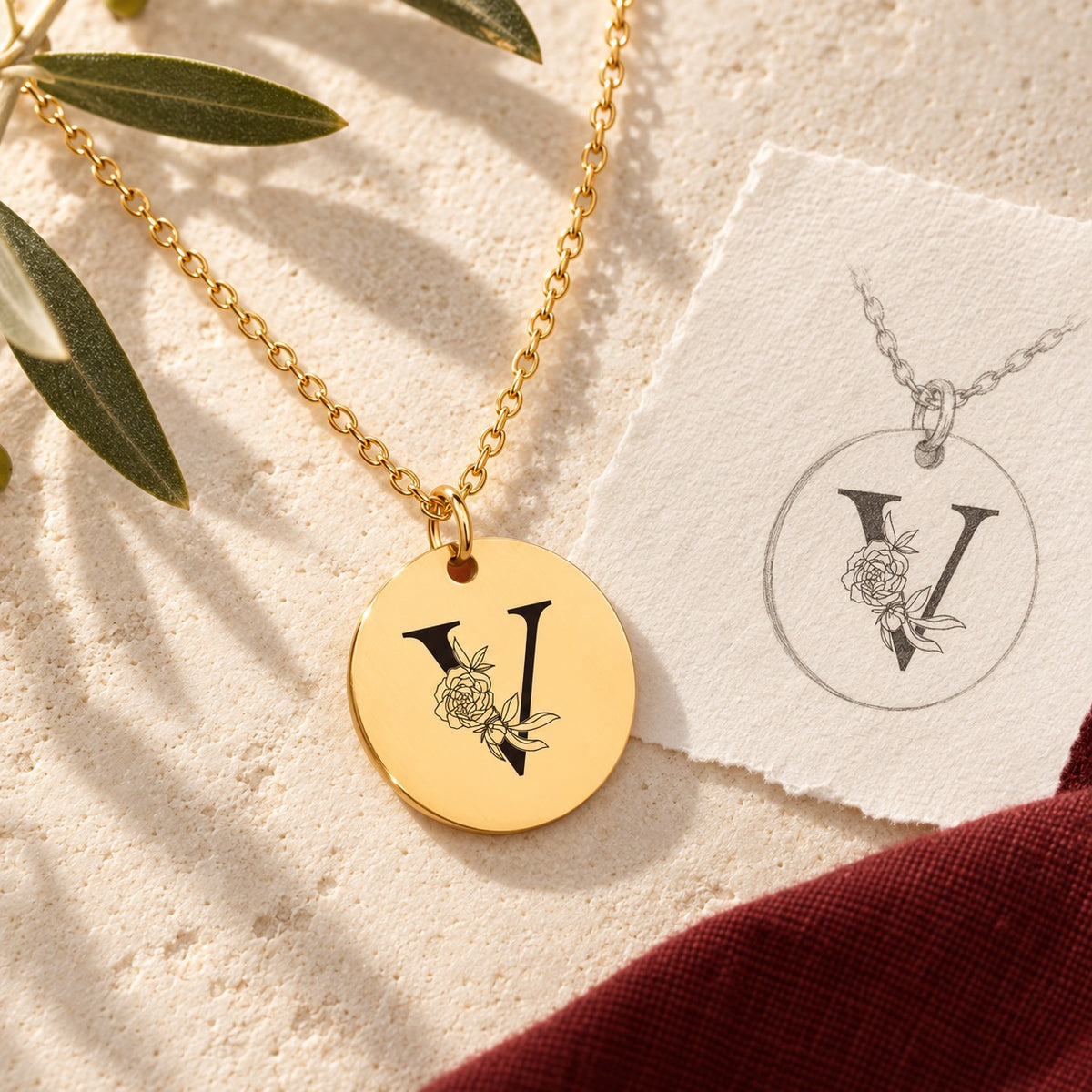 Collier initiale florale V personnalisé doré sur pierre claire avec dessin de sa médaille ronde.
