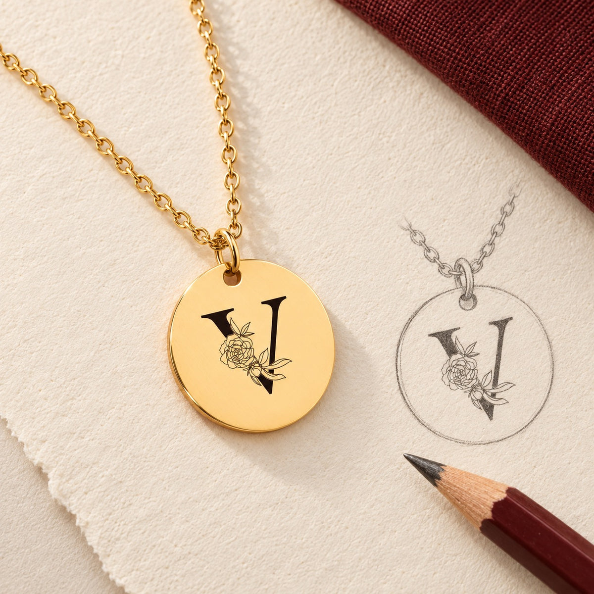 Collier initiale florale V personnalisé doré et étude au graphite du bijou sur papier ivoire.