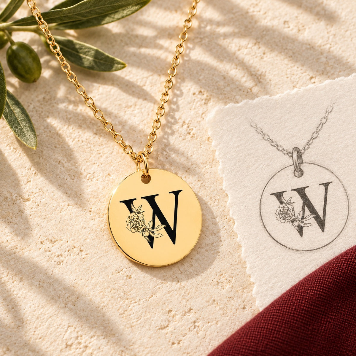 Collier initiale florale W personnalisé doré sur pierre claire avec dessin de sa médaille ronde.