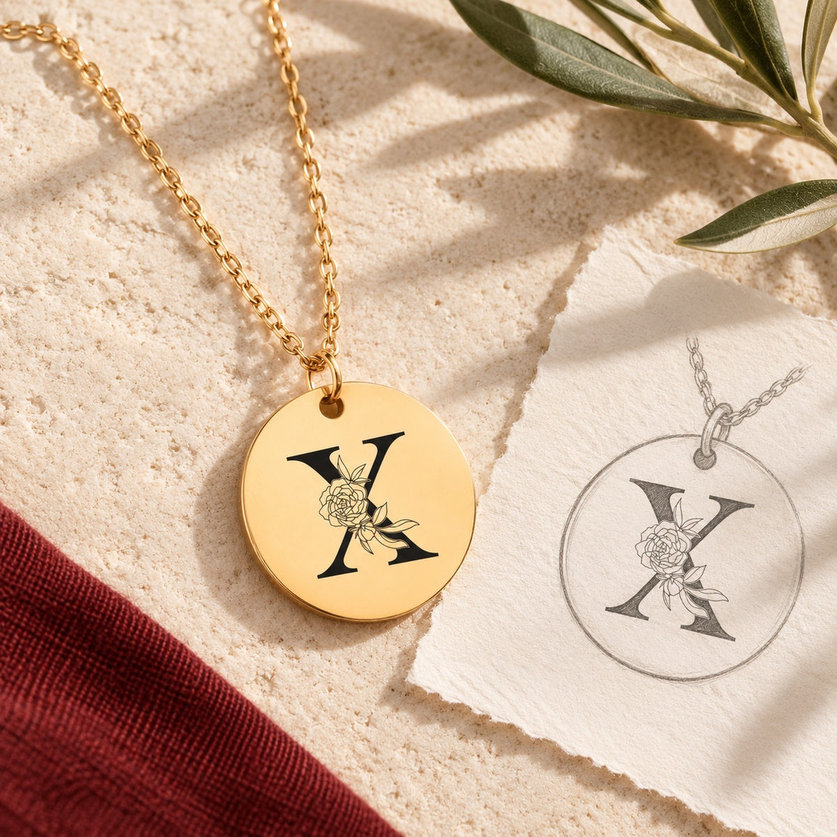 Collier initiale florale X personnalisé doré sur pierre claire avec dessin de sa médaille ronde.