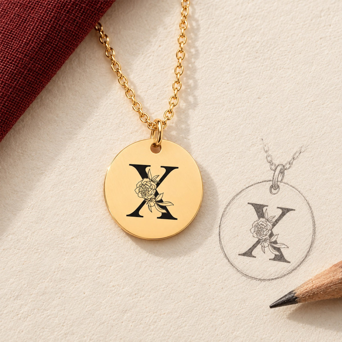 Collier initiale florale X personnalisé doré et étude au graphite du bijou sur papier ivoire.