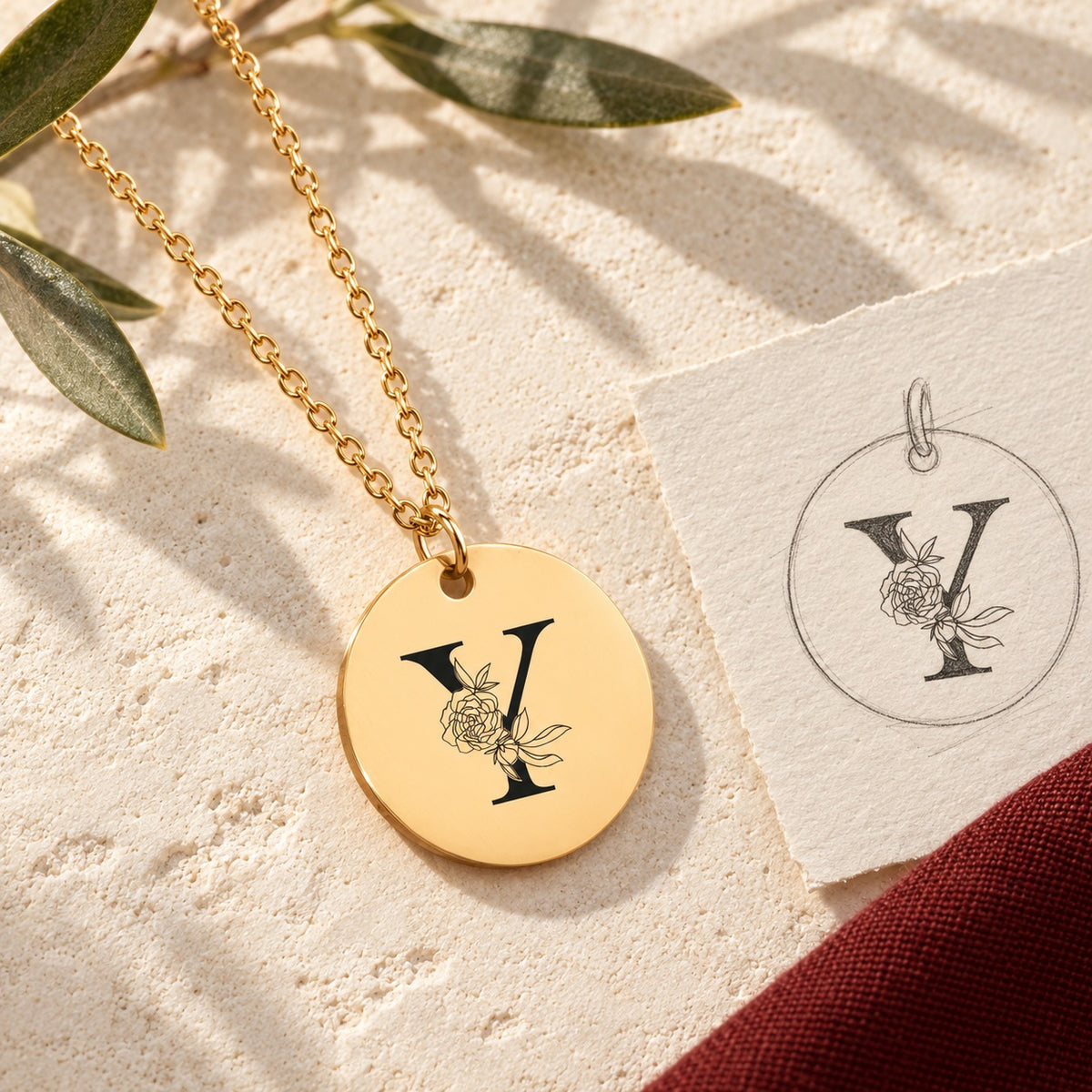 Collier initiale florale Y personnalisé doré sur pierre claire avec dessin de sa médaille ronde.