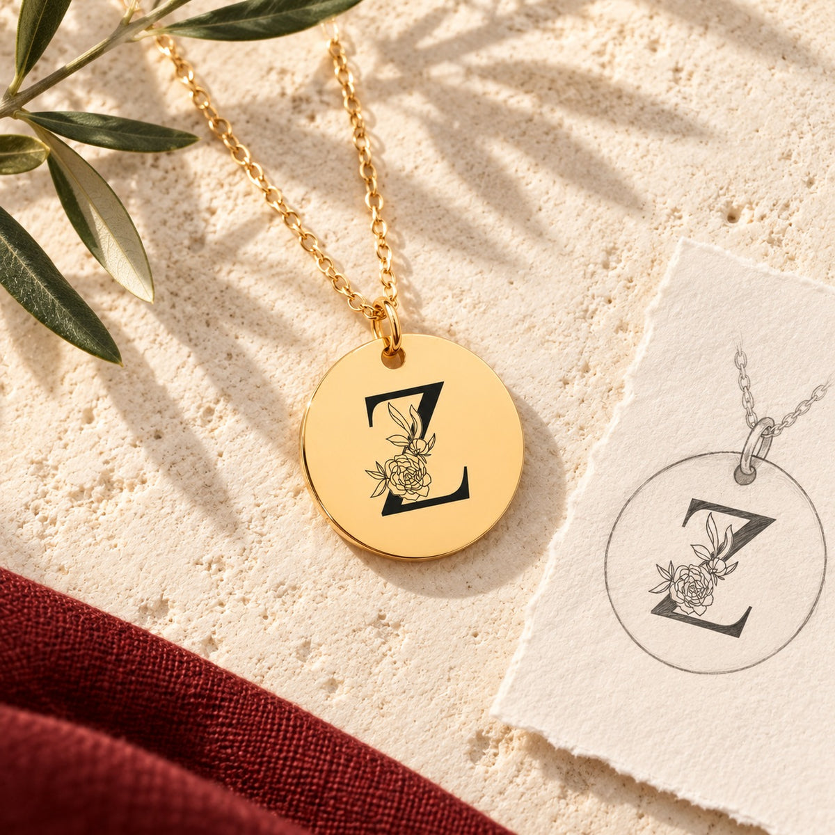 Collier initiale florale Z personnalisé doré sur pierre claire avec dessin de sa médaille ronde.