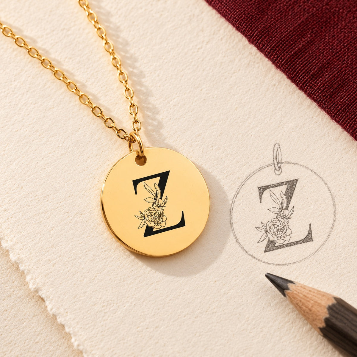 Collier initiale florale Z personnalisé doré et étude au graphite du bijou sur papier ivoire.