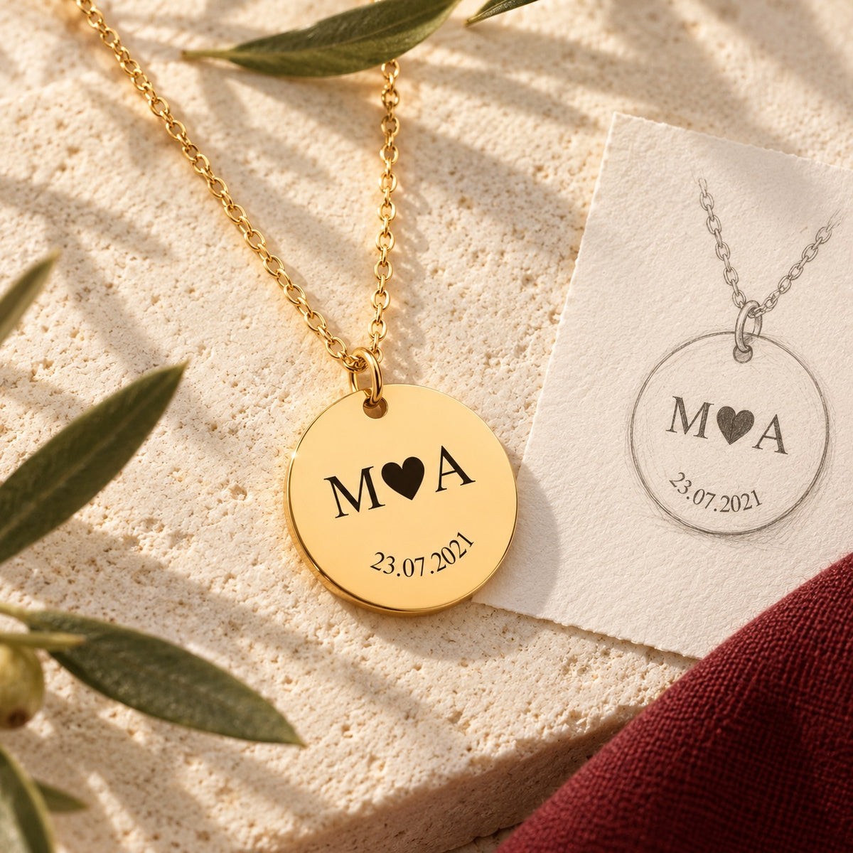 Collier initiales entrelacées Etched in Time personnalisé doré sur pierre claire avec dessin de sa médaille ronde.