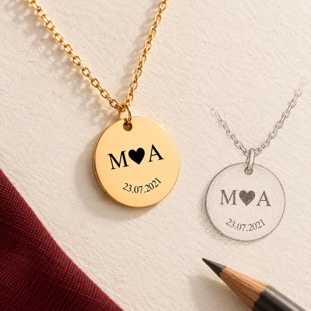 Collier initiales entrelacées Etched in Time personnalisé doré et étude au graphite du bijou sur papier ivoire.