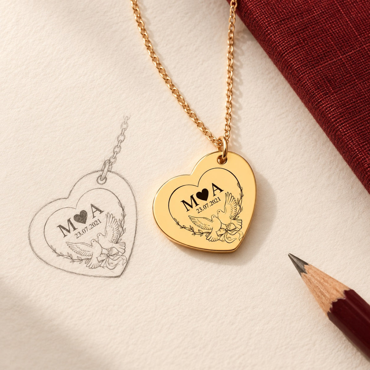 Collier Eternal Love doré et étude au graphite de son pendentif sur papier ivoire.