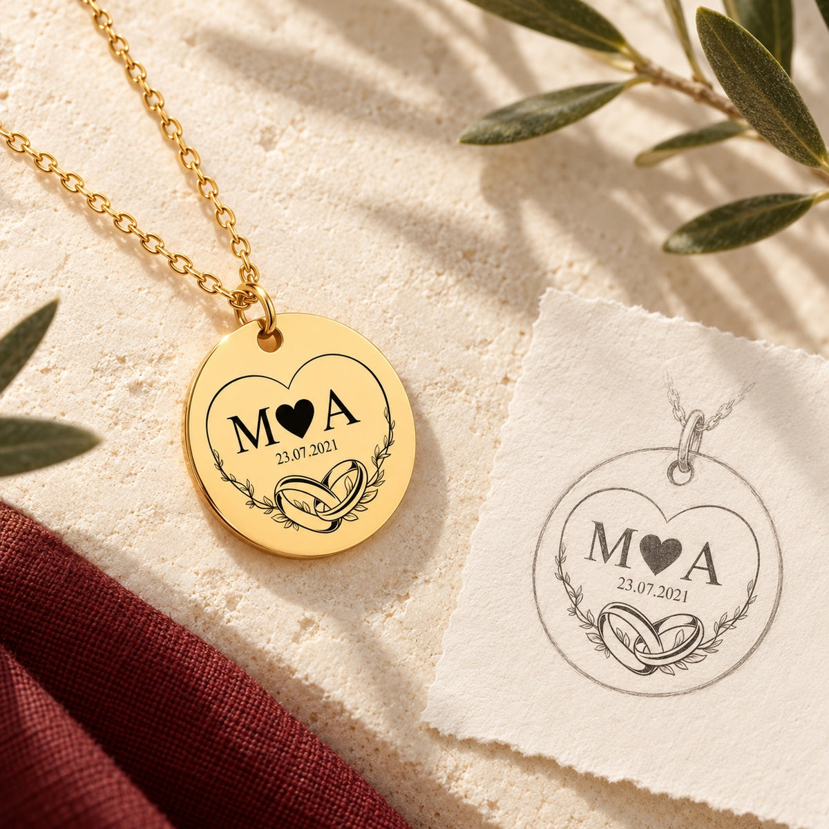 Collier initiales entrelacées Eternal Love personnalisé doré sur pierre claire avec dessin de sa médaille ronde.