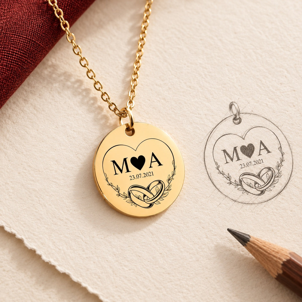 Collier initiales entrelacées Eternal Love personnalisé doré et étude au graphite du bijou sur papier ivoire.