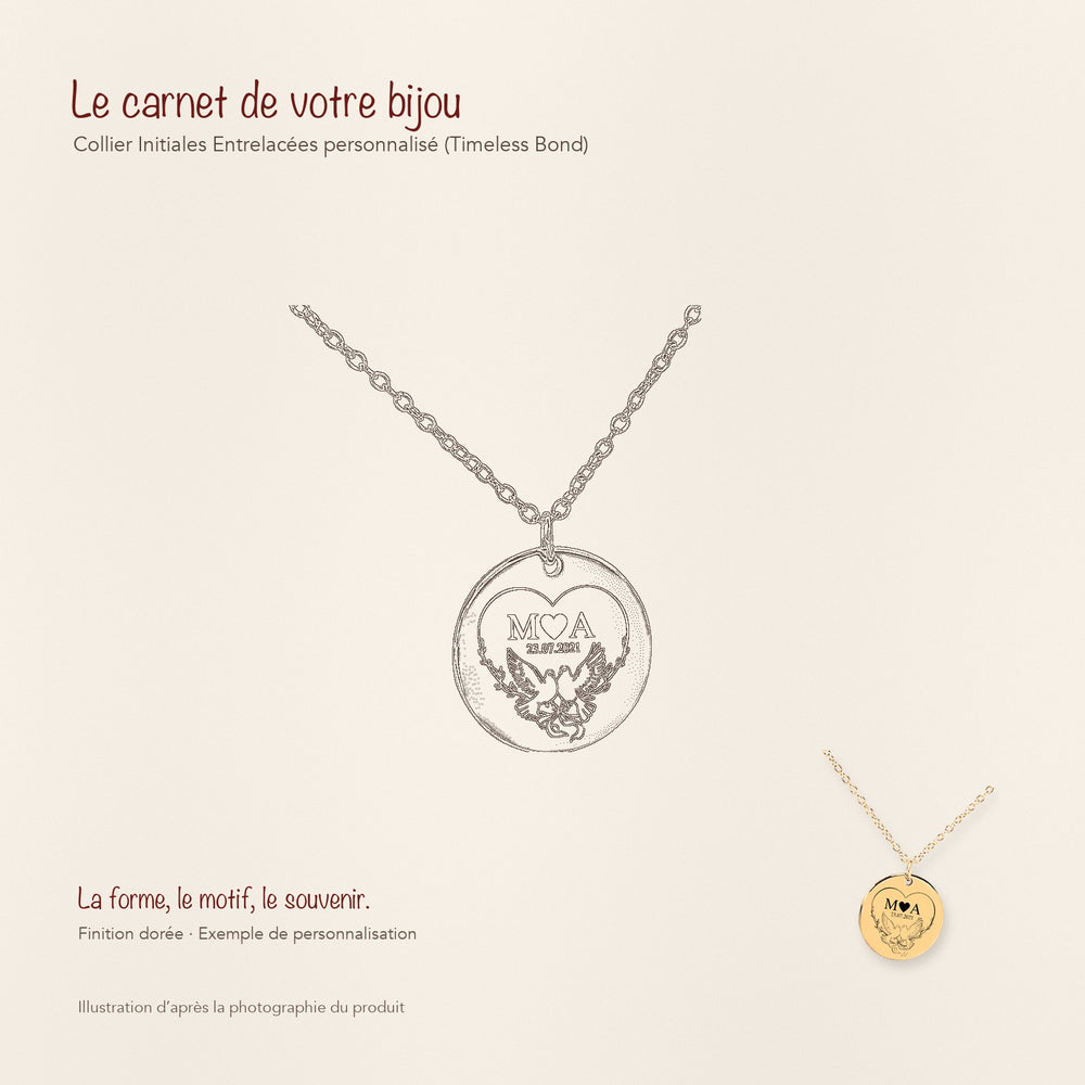 Dessin au trait et photographie du collier Initiales Entrelacées Personnalisé (Timeless Bond) dans une composition de carnet manuscrit.
