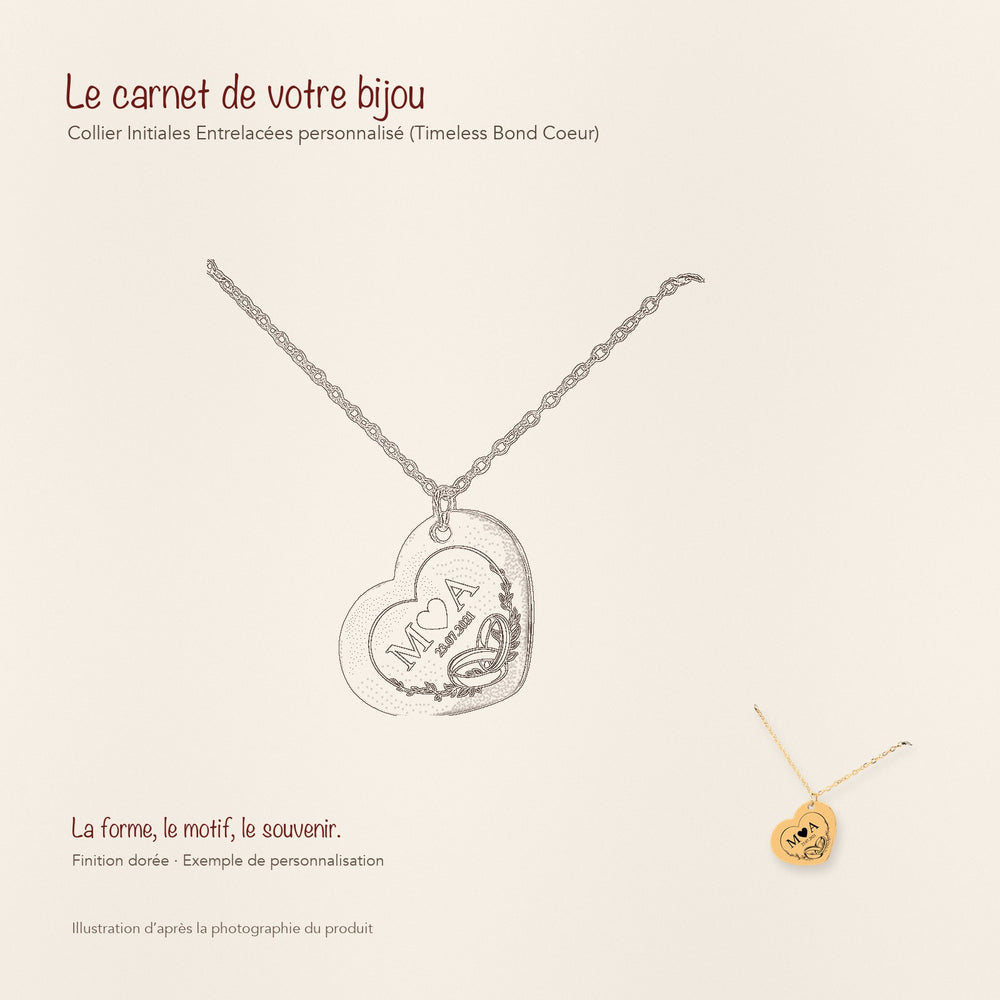 Dessin au trait et photographie du collier Initiales Entrelacées Personnalisé (Timeless Bond Coeur) dans une composition de carnet manuscrit.