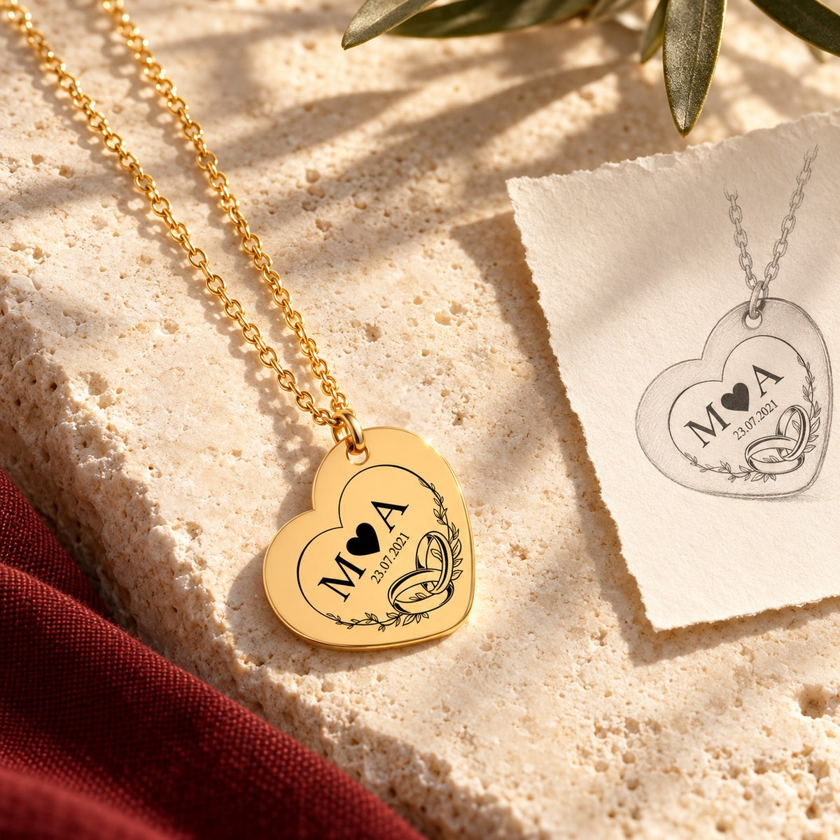 Collier Timeless Bond cœur doré sur pierre claire, accompagné du dessin du pendentif et de sa chaîne.