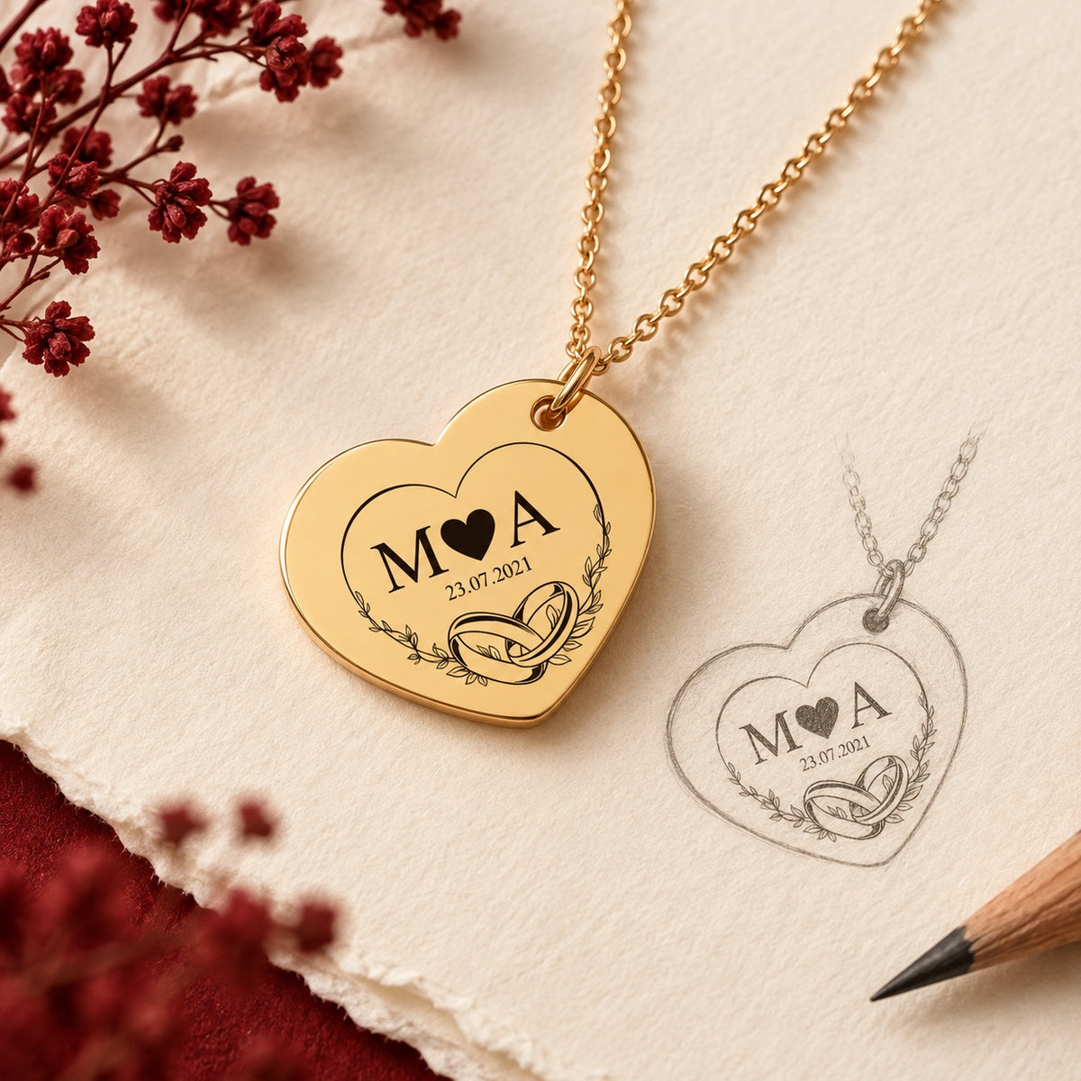 Collier Timeless Bond cœur doré et étude au graphite du pendentif sur papier ivoire.