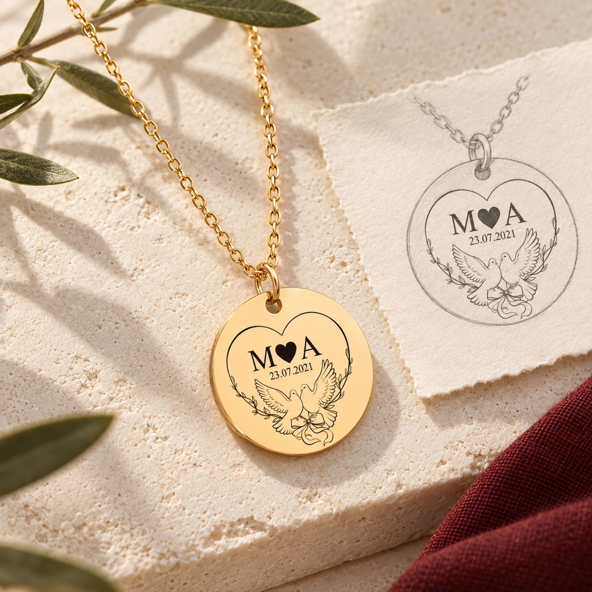 Collier Initiales Entrelacées personnalisé doré sur pierre claire avec dessin de sa médaille ronde.