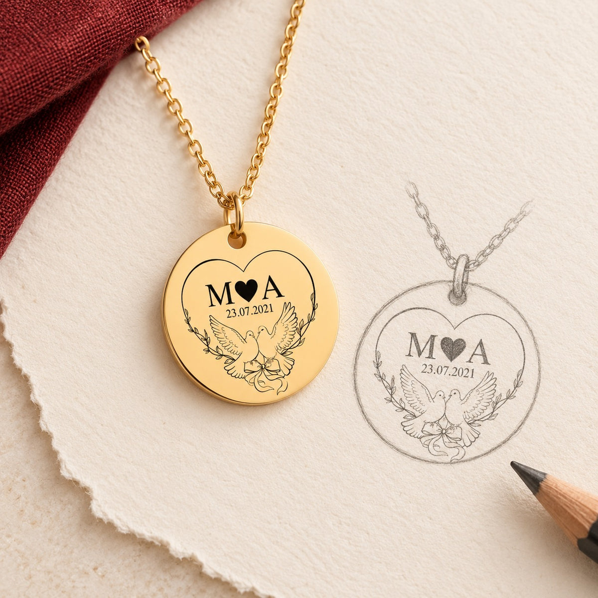 Collier Initiales Entrelacées personnalisé doré et étude au graphite du bijou sur papier ivoire.
