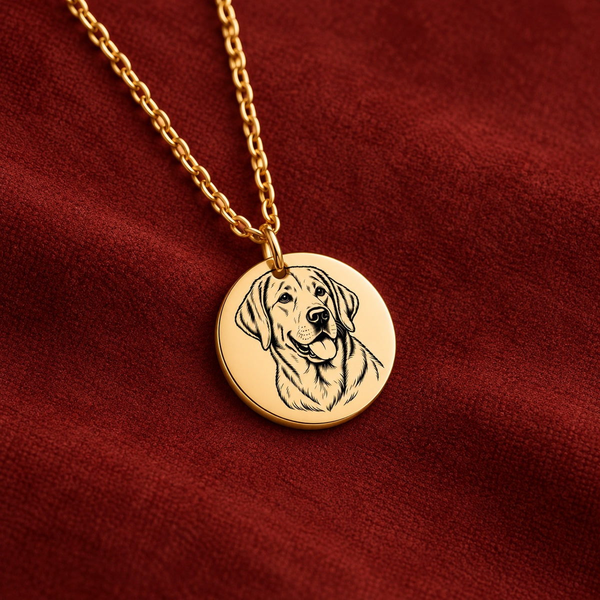 Médaillon doré gravé du portrait de Labrador sur suédine rouge sanguine.