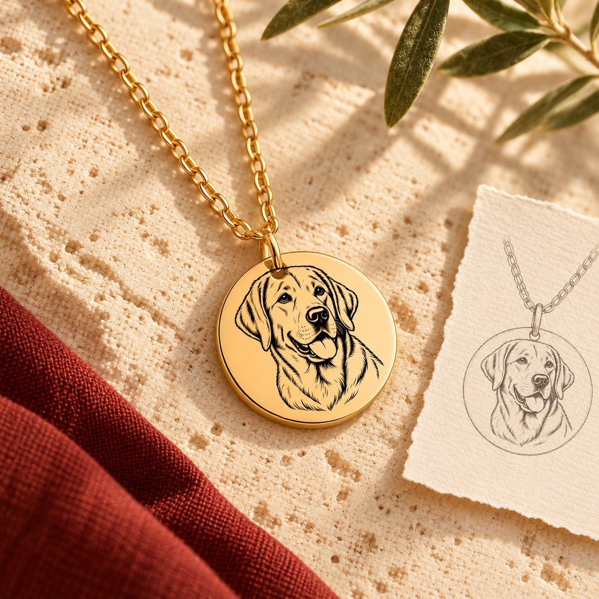 Collier Labrador doré sur pierre claire, accompagné du dessin du médaillon sur papier ivoire.