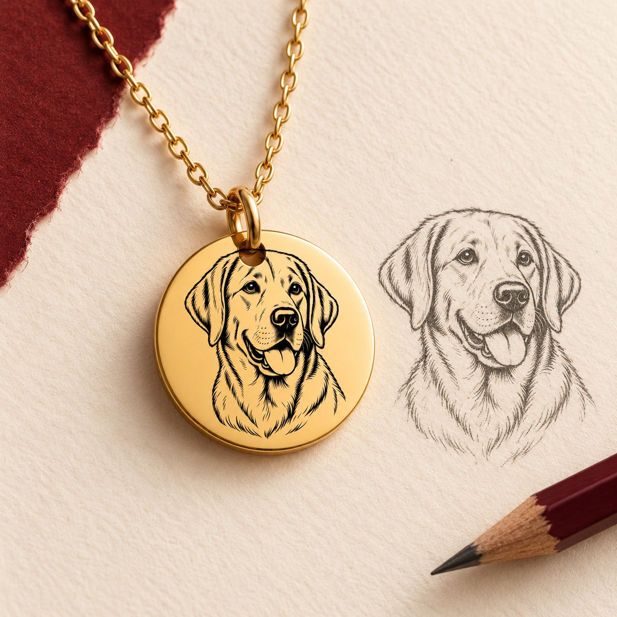Collier Labrador doré et étude au graphite du portrait de Labrador sur papier ivoire.