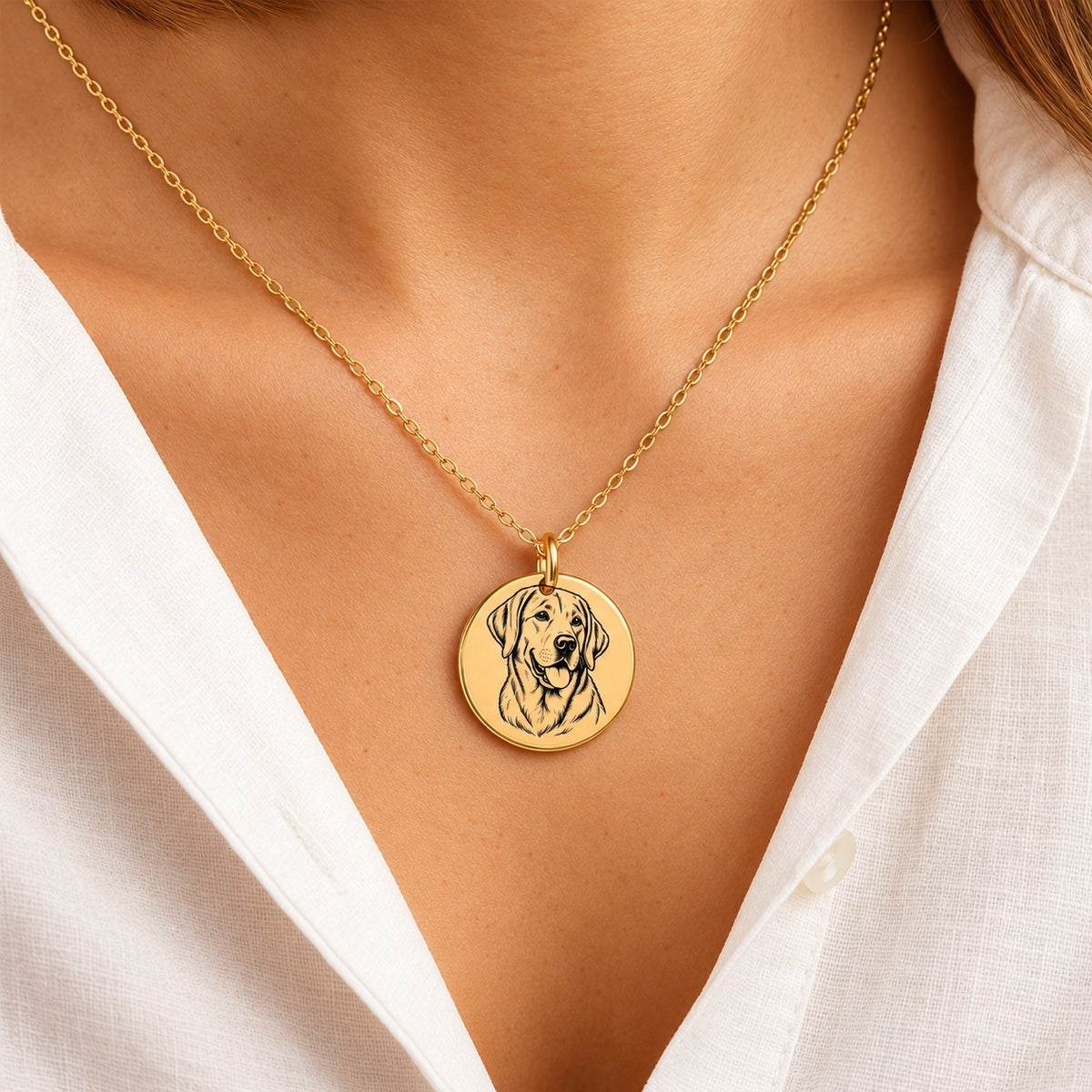 Collier Labrador doré porté au cou, avec médaillon rond gravé.