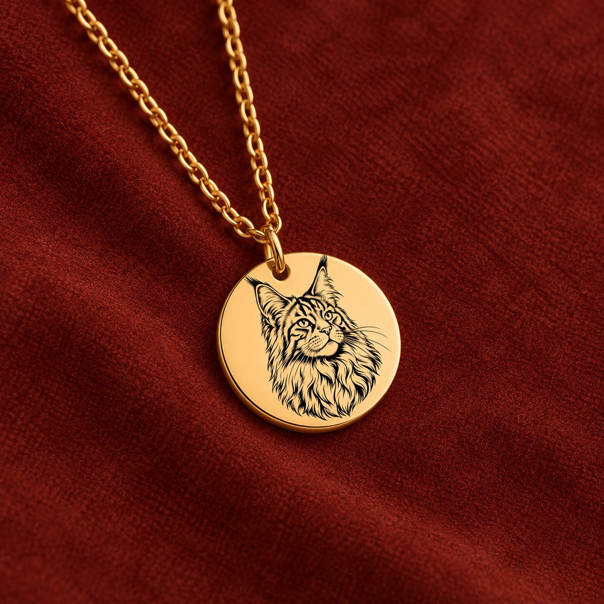 Médaillon doré gravé du portrait de Maine Coon sur suédine rouge sanguine.
