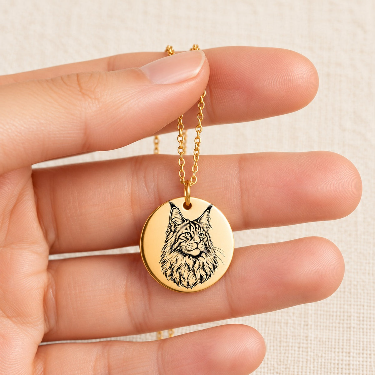Collier Maine Coon doré tenu entre les doigts, détail de la médaille et de sa gravure.