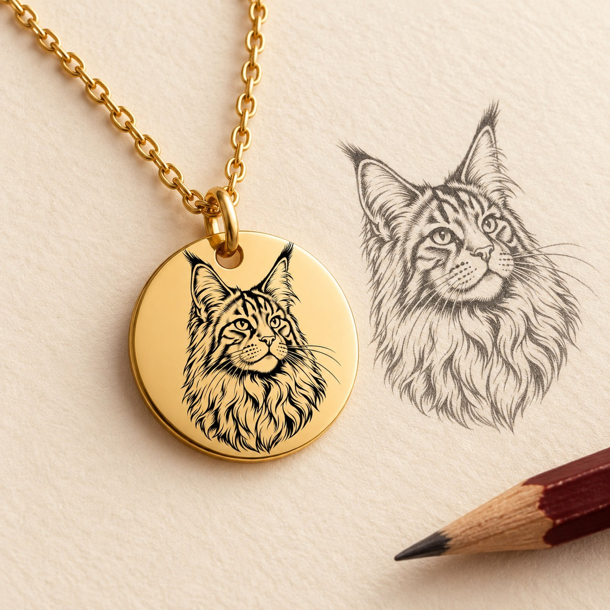 Collier Maine Coon doré et étude au graphite du portrait de Maine Coon sur papier ivoire.