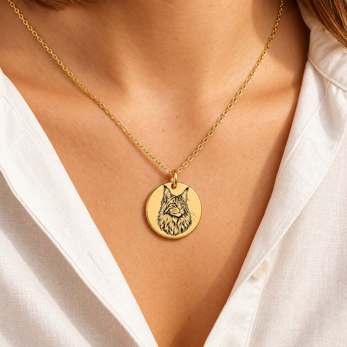 Collier Maine Coon doré porté au cou, avec médaillon rond gravé.