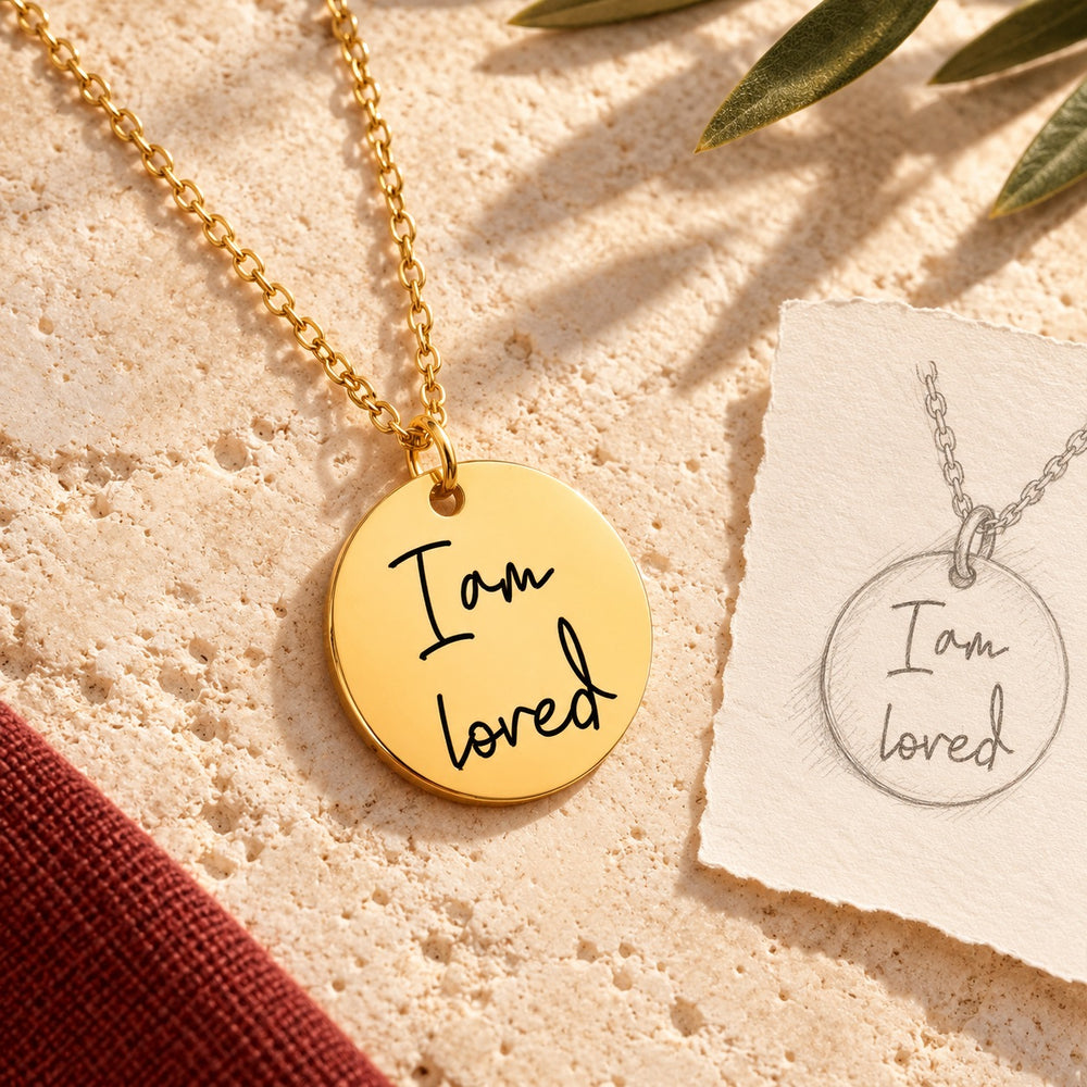 Collier Médaille Affirmations doré sur pierre claire, accompagné du dessin du médaillon sur papier ivoire.