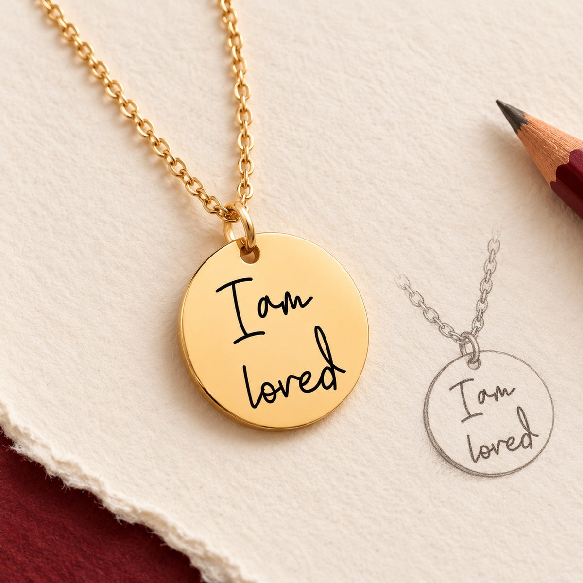 Collier Médaille Affirmations doré et étude au graphite du message manuscrit I am loved sur papier ivoire.
