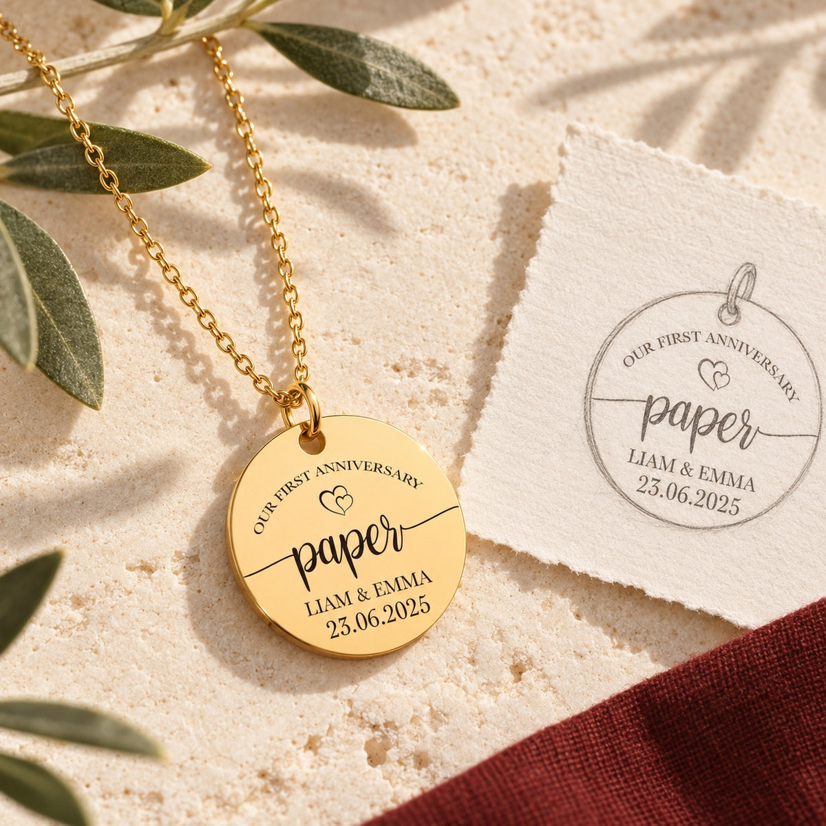 Collier Médaille Anniversaire de Mariage 1 an doré sur pierre claire avec dessin de sa médaille ronde.