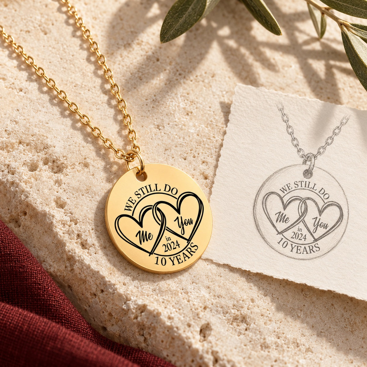 Collier médaille anniversaire de mariage 10 ans doré sur pierre claire, accompagné du dessin du pendentif et de sa chaîne.