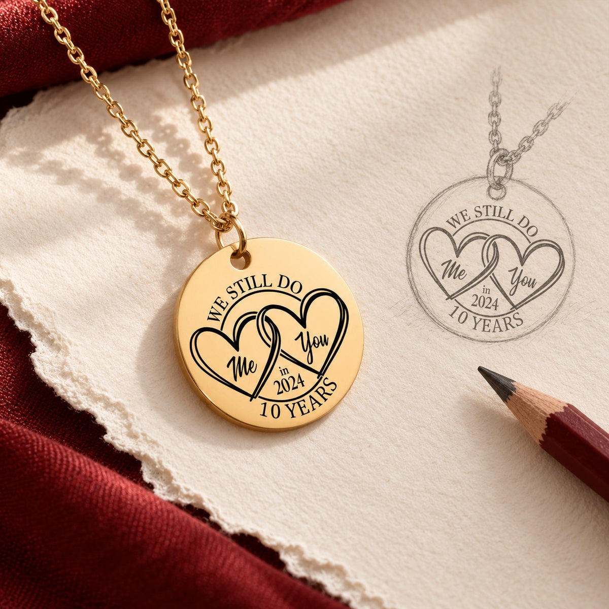 Collier médaille anniversaire de mariage 10 ans doré et étude au graphite du pendentif sur papier ivoire.