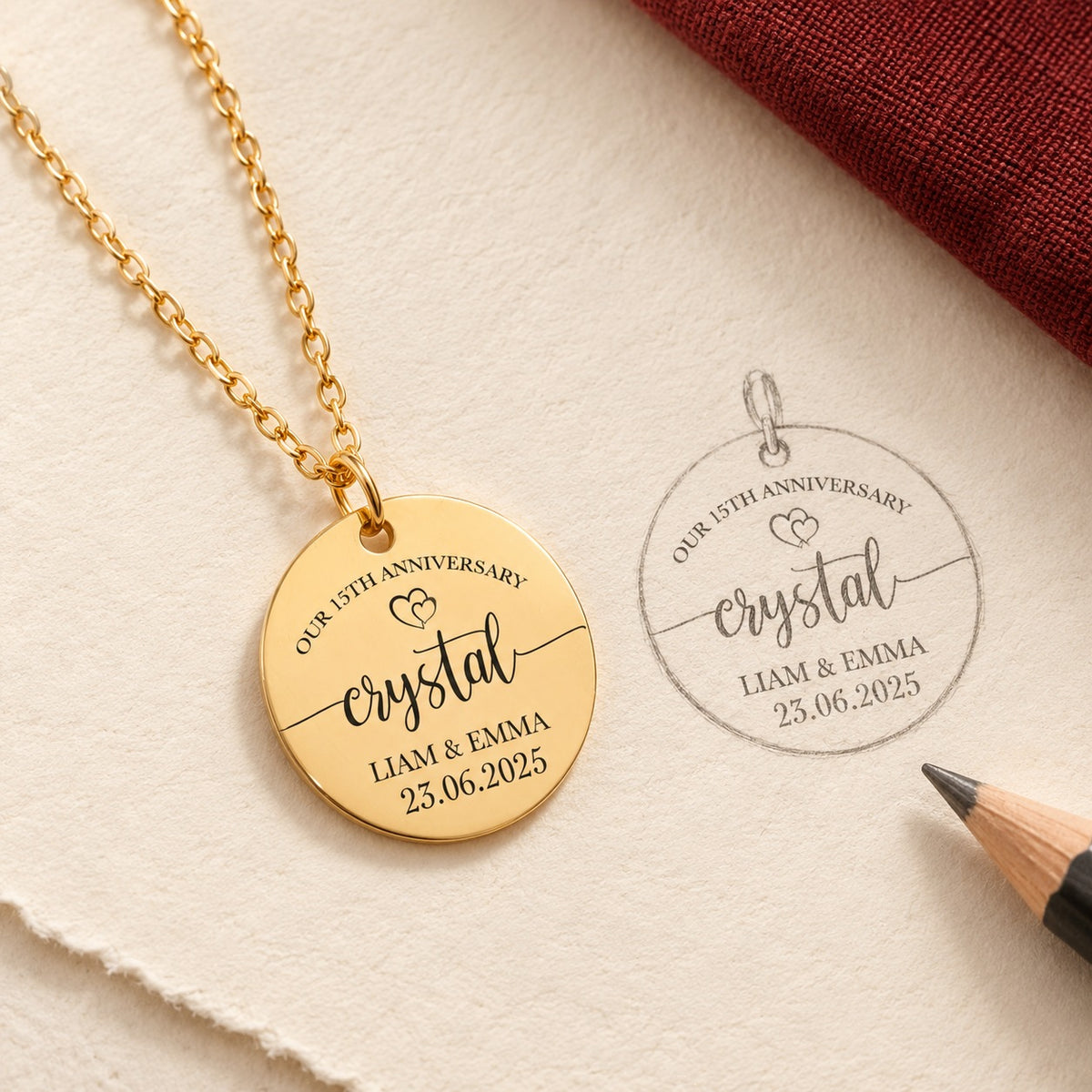 Collier Médaille Anniversaire de Mariage 15 ans doré et étude au graphite du bijou sur papier ivoire.
