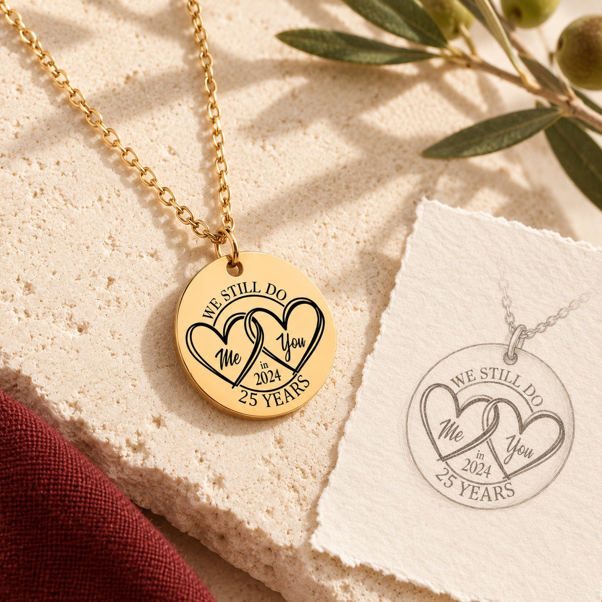 Collier Médaille Anniversaire de Mariage 25 ans doré sur pierre claire avec dessin de sa médaille ronde.