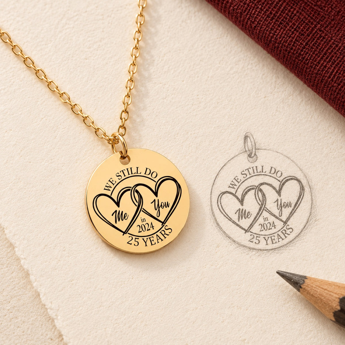Collier Médaille Anniversaire de Mariage 25 ans doré et étude au graphite du bijou sur papier ivoire.