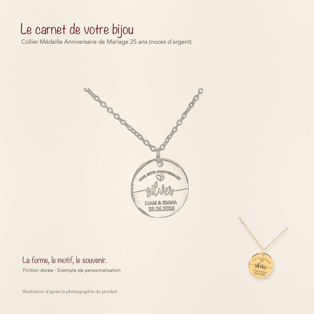 Dessin au trait et photographie du collier Médaille Anniversaire de Mariage 25 ans (noces d'argent) dans une composition de carnet manuscrit.