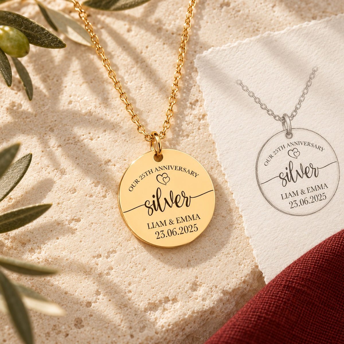 Collier médaille noces d’argent 25 ans doré sur pierre claire avec dessin de sa médaille ronde.