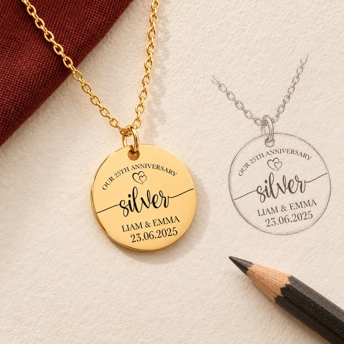 Collier médaille noces d’argent 25 ans doré et étude au graphite du bijou sur papier ivoire.